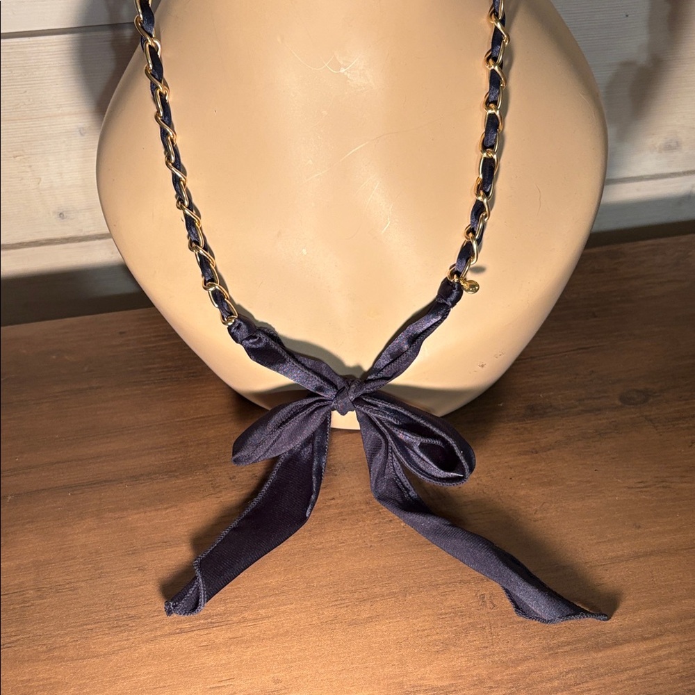 J. Crew Gold and Navy Ribbon Necklace